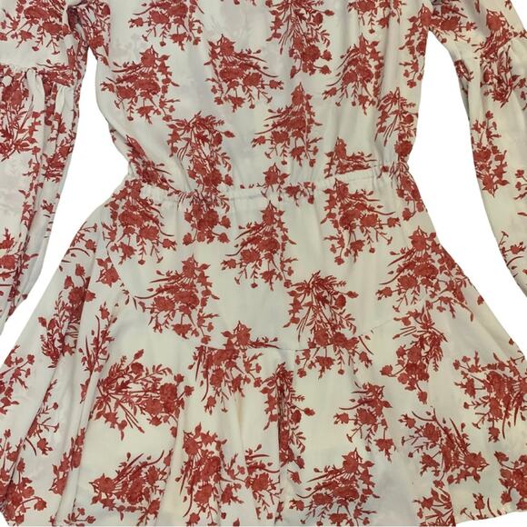 Aakaa Flowy Cream Red Floral Print Short Dress Size Small Long Sleeves - Picture 9 of 12